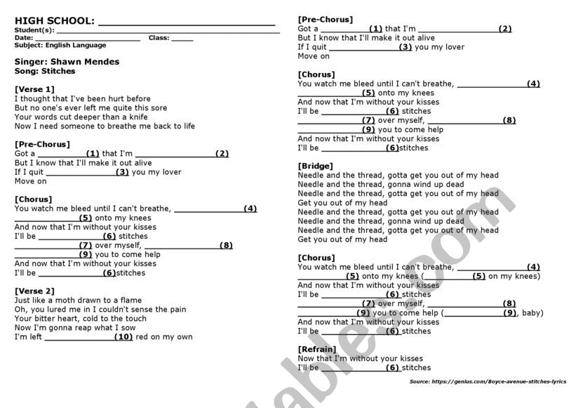 Song: Stitches - Shawm Mendes worksheet