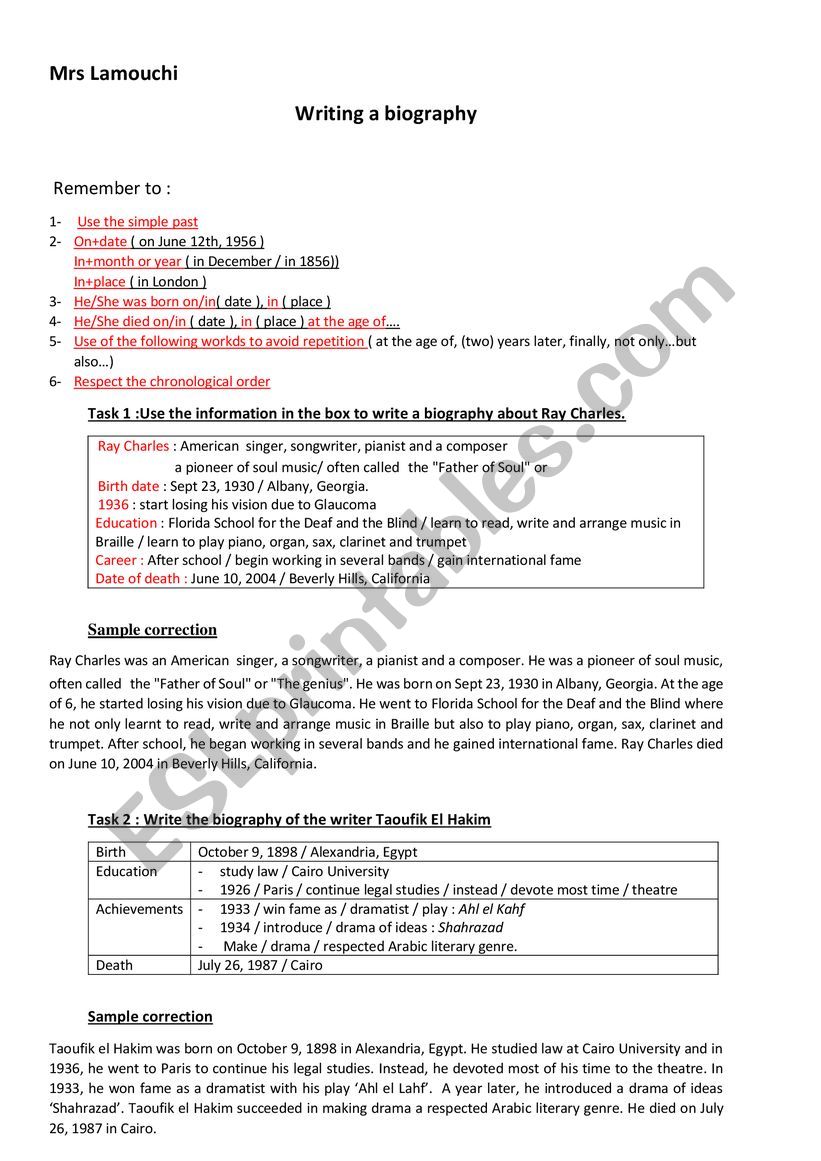 Writing a biography worksheet