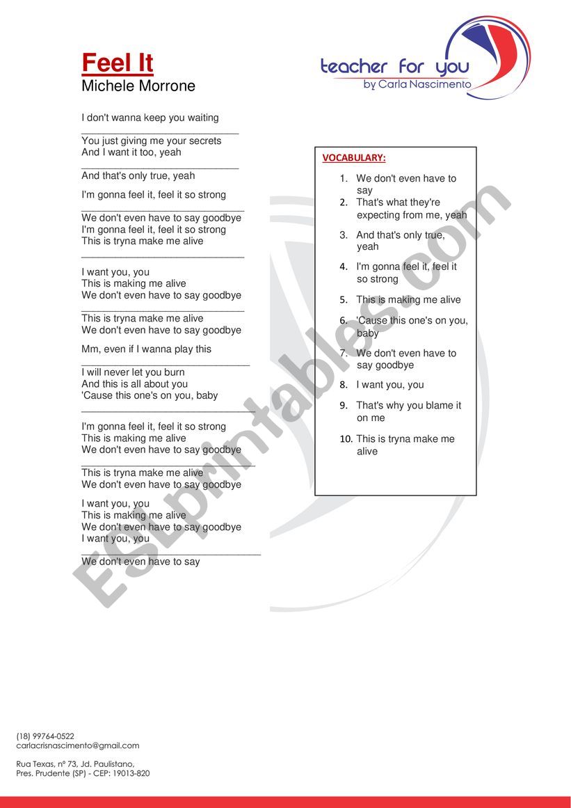 Song - Feel It worksheet