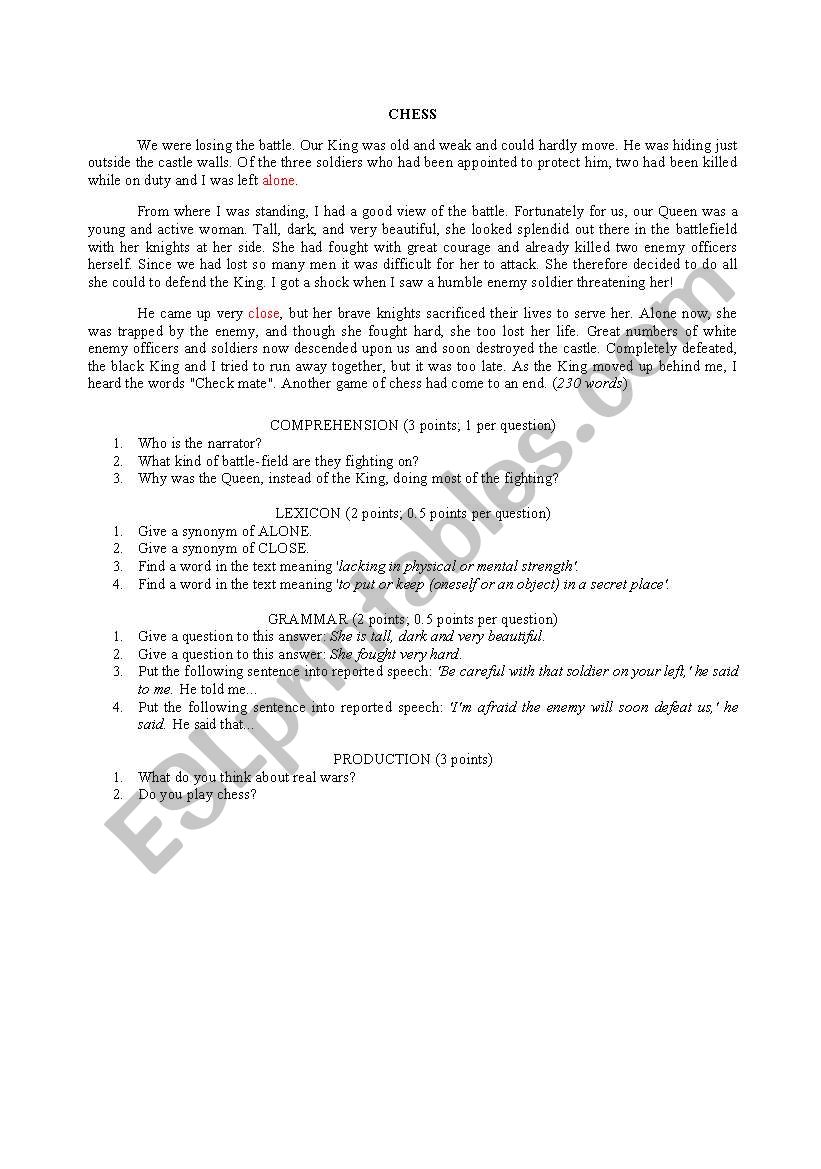 Chess worksheet