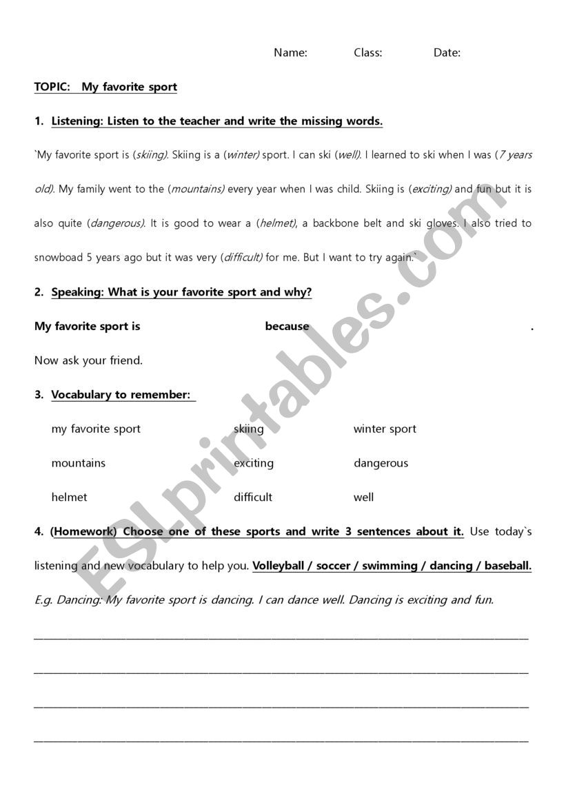 My favorite sport - skiing worksheet