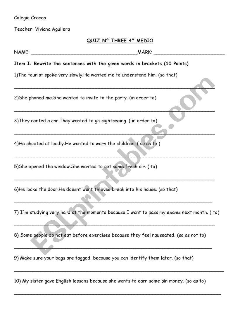 Quiz about Clauses of Purpose worksheet