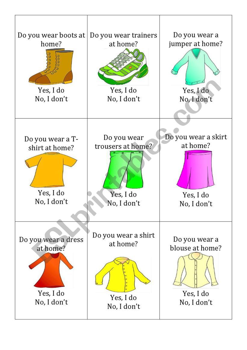 clothes 2 (go fish) with questions: do you wear ...? yes, I do/ no, I dont