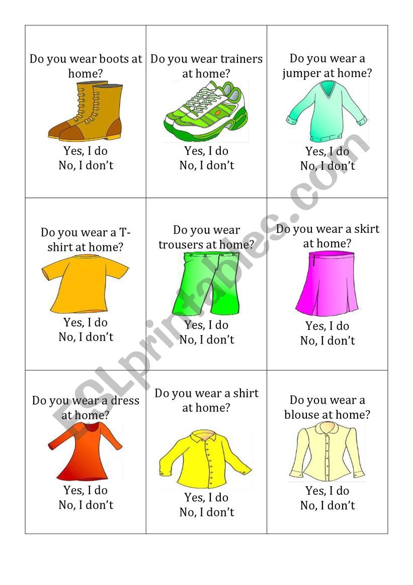 clothes 2 (go fish) with questions: do you wear ...? yes, I do/ no, I donÂ´t