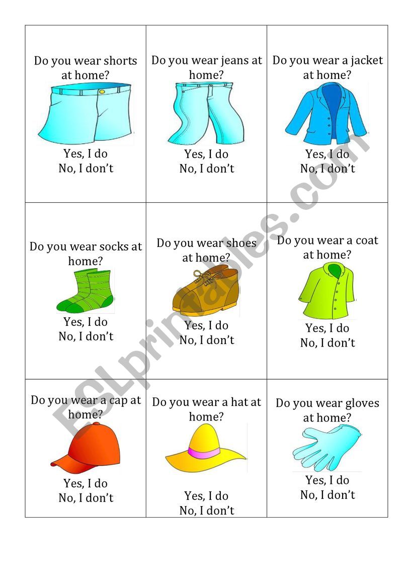 clothes 3 (go fish) with questions: do you wear ...? yes, I do/ no, I dont