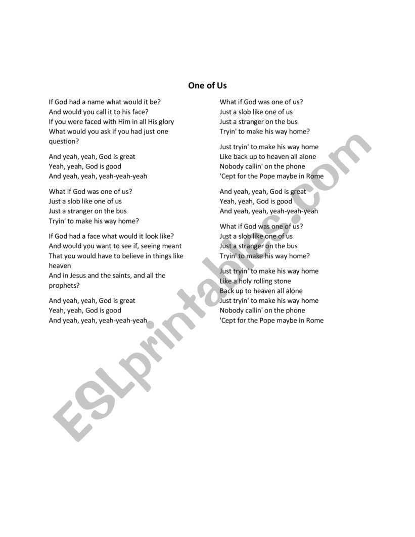 Song: One of us worksheet