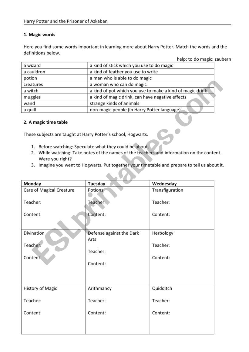 Harry Potter 3 Vocabulary and Timetable excercise