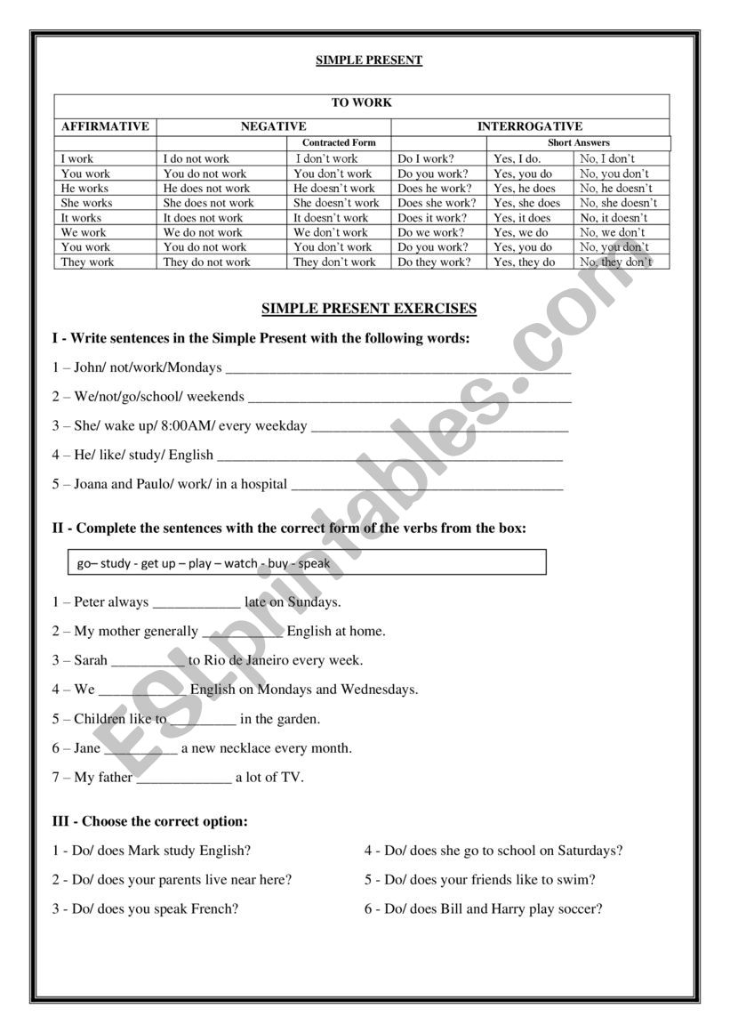 SIMPLE PRESENT EXERCISES worksheet