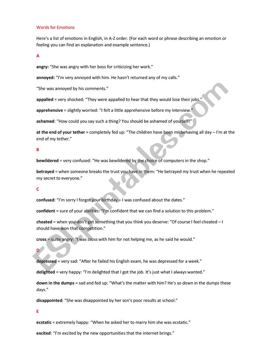 Emotion words worksheet