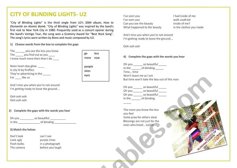 U2- City of Blinding Lights worksheet
