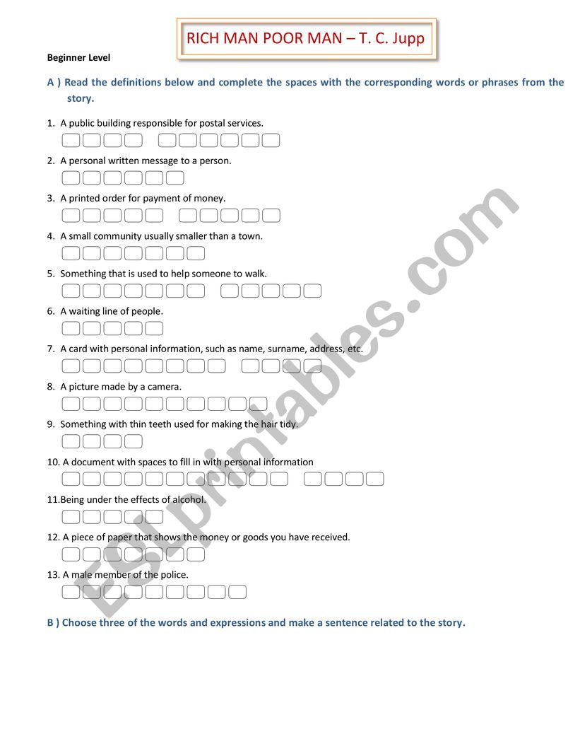 Rich Man Poor Man  worksheet