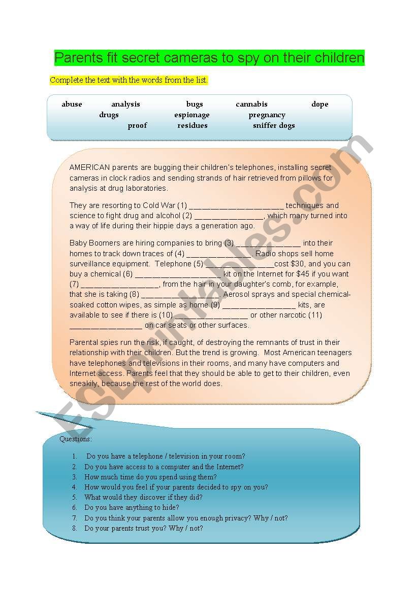 Parents spying on kids worksheet