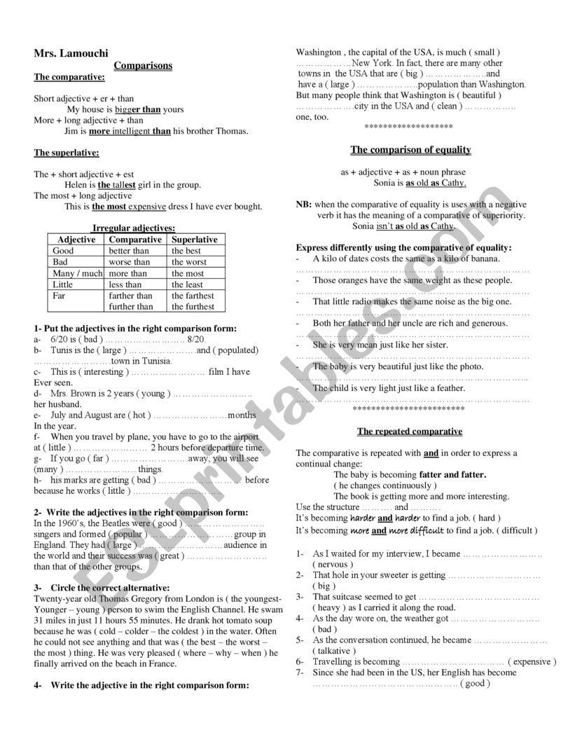 Comparison tasks with answer key