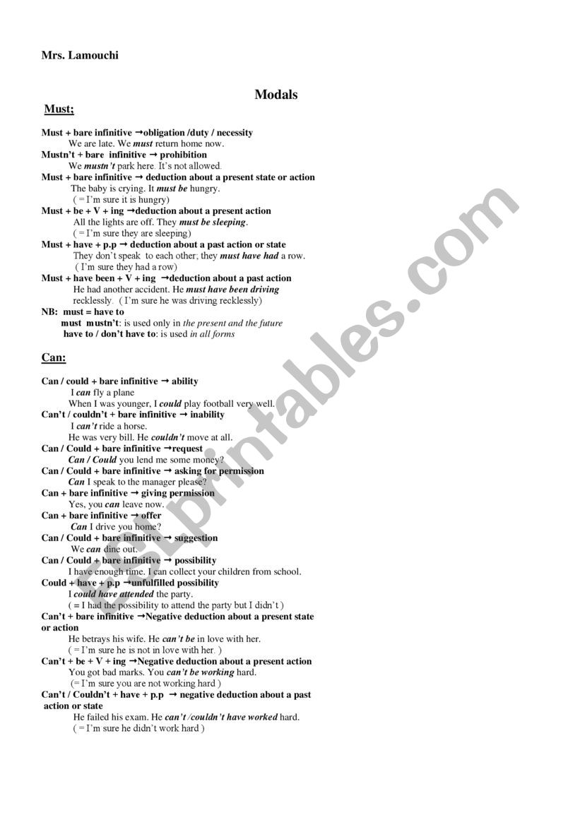 Modals worksheet