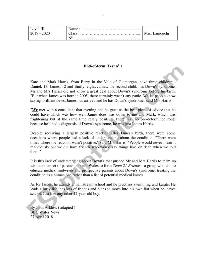 Exam level 3 term 1 worksheet