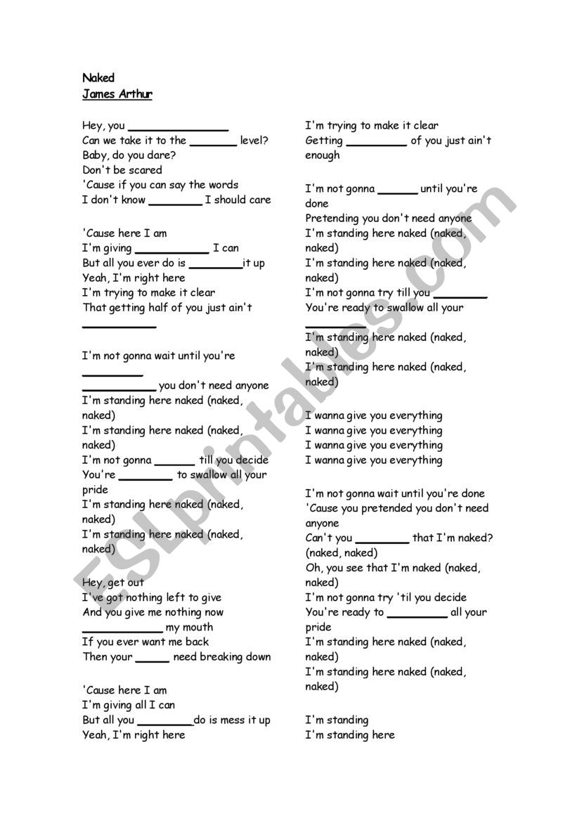 Naked - James Arthur worksheet