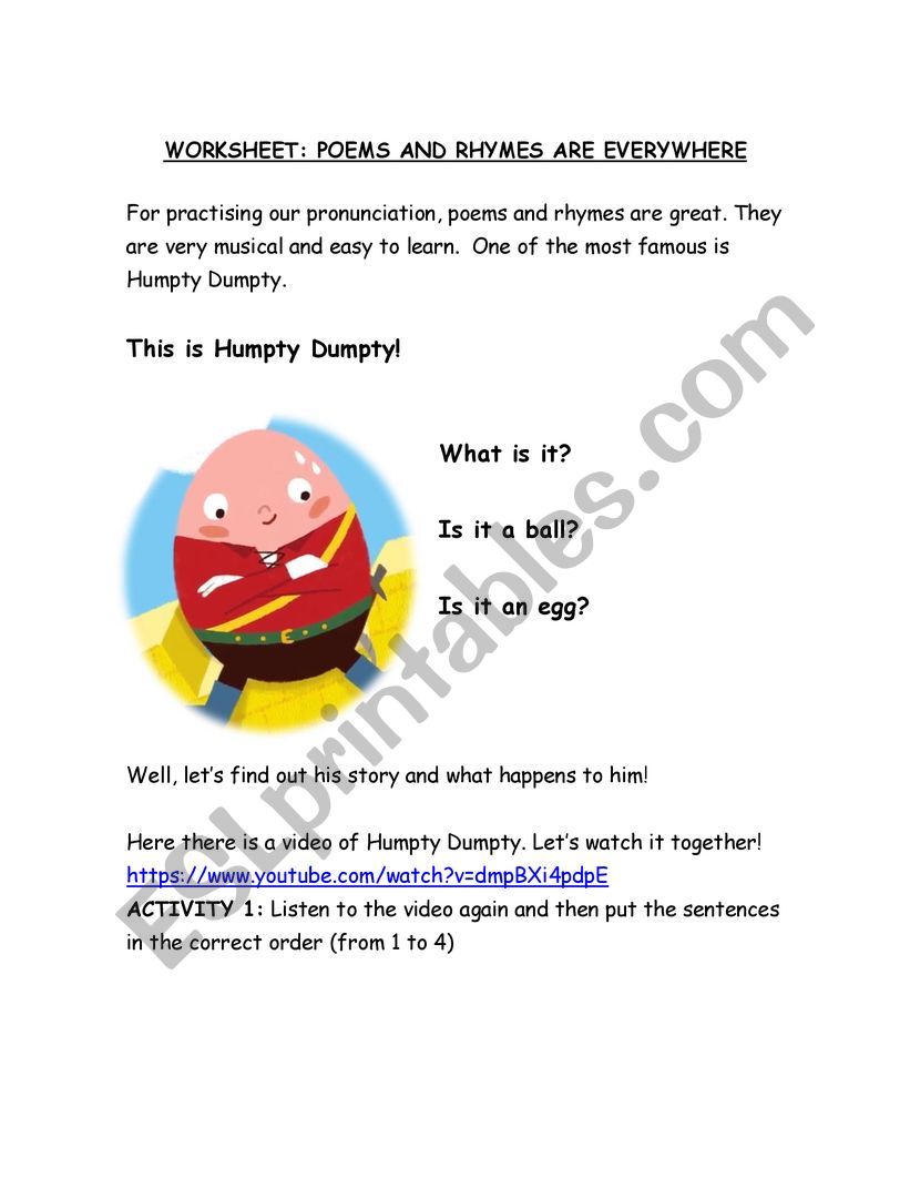 Humpty Dumpty Rhyme Worksheet worksheet