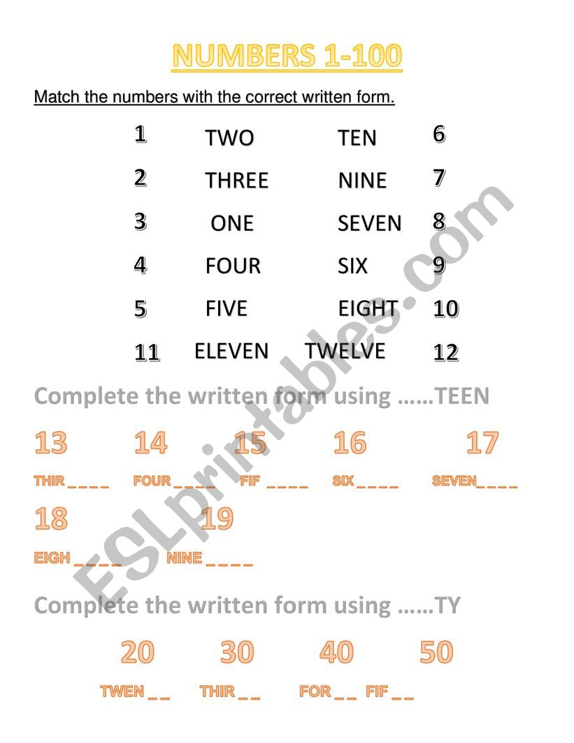 NUMBERS 1-100 worksheet