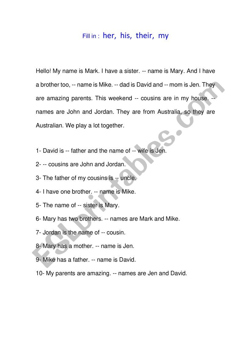 Possessives and Family worksheet