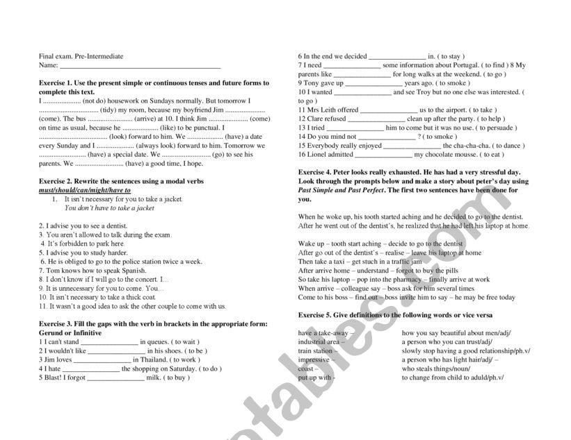 Pre-Intermediate final test worksheet