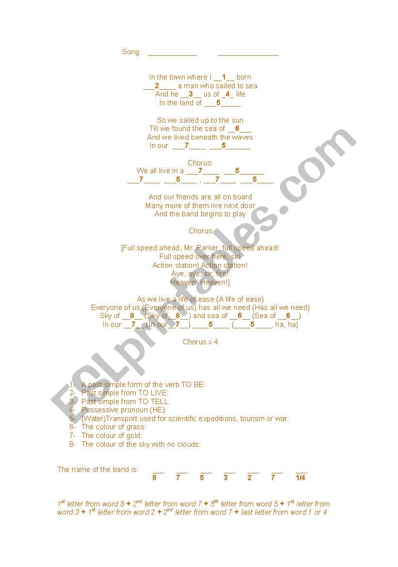 Yellow Submarine Lyrics worksheet