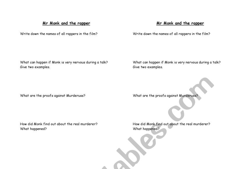 Mr Monk an the rapper worksheet