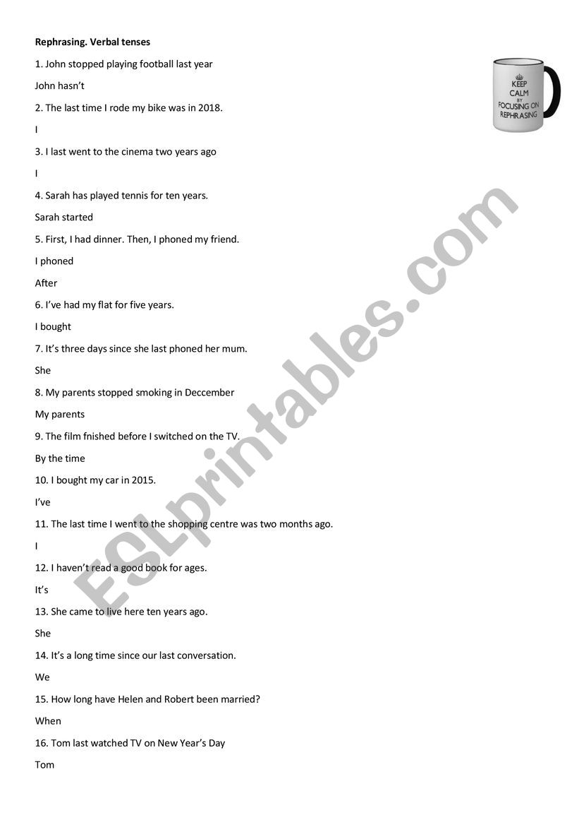 Rephrasing. Verbal tenses worksheet