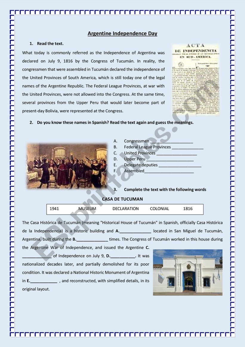 ARGENTINA INDEPENDENCE DAY worksheet