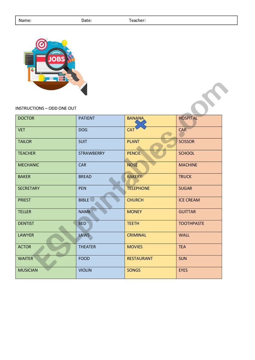 Odd one out JOBS worksheet