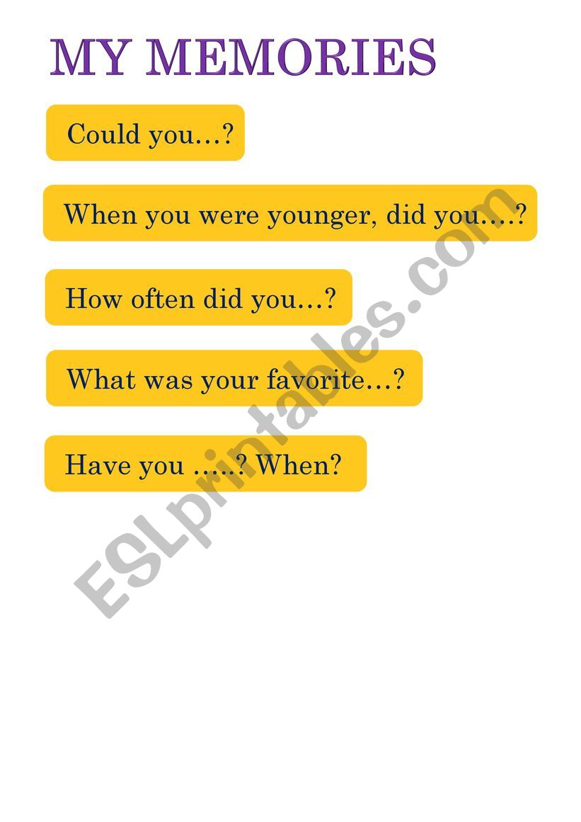 My memories - questions worksheet