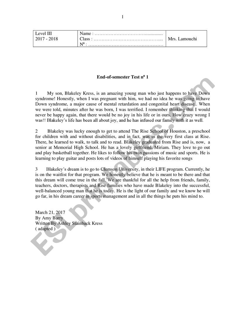 Exam level 3 term 1 worksheet