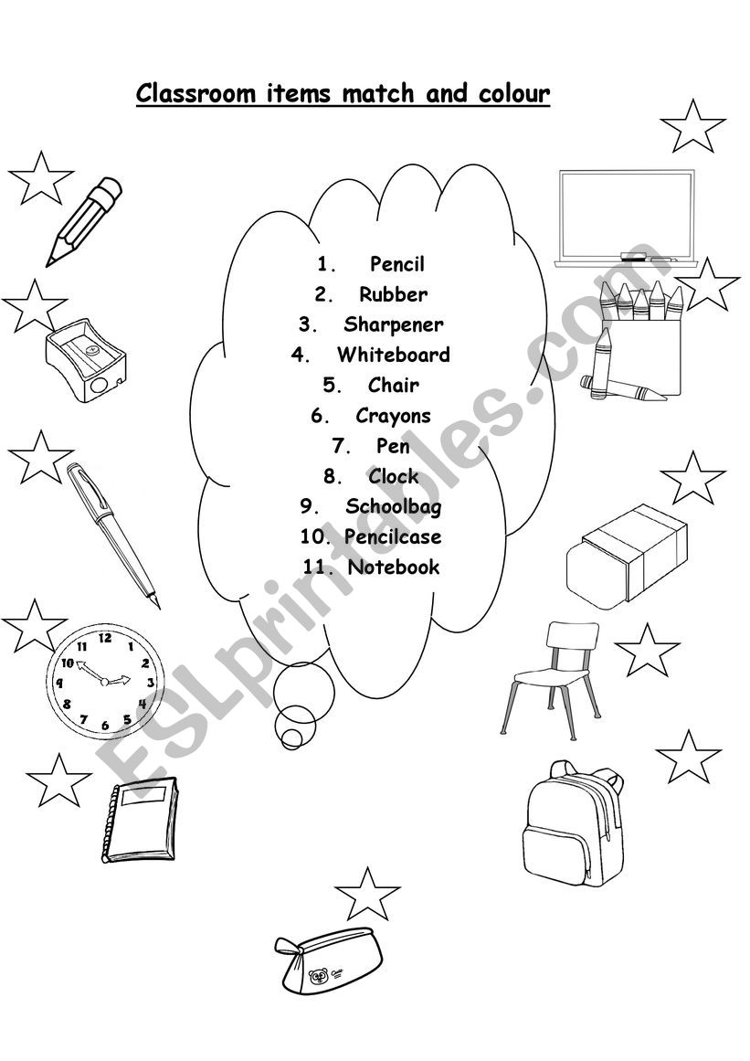 Classroom Items match up worksheet