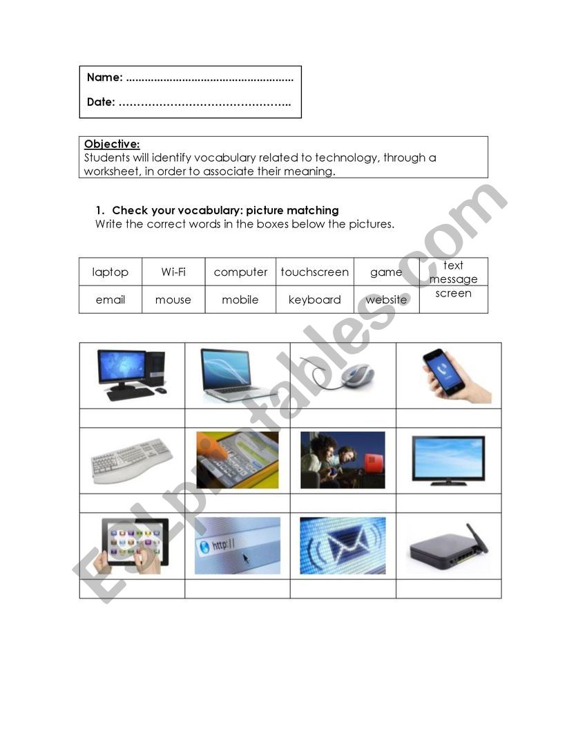 Vocabulary Technology worksheet