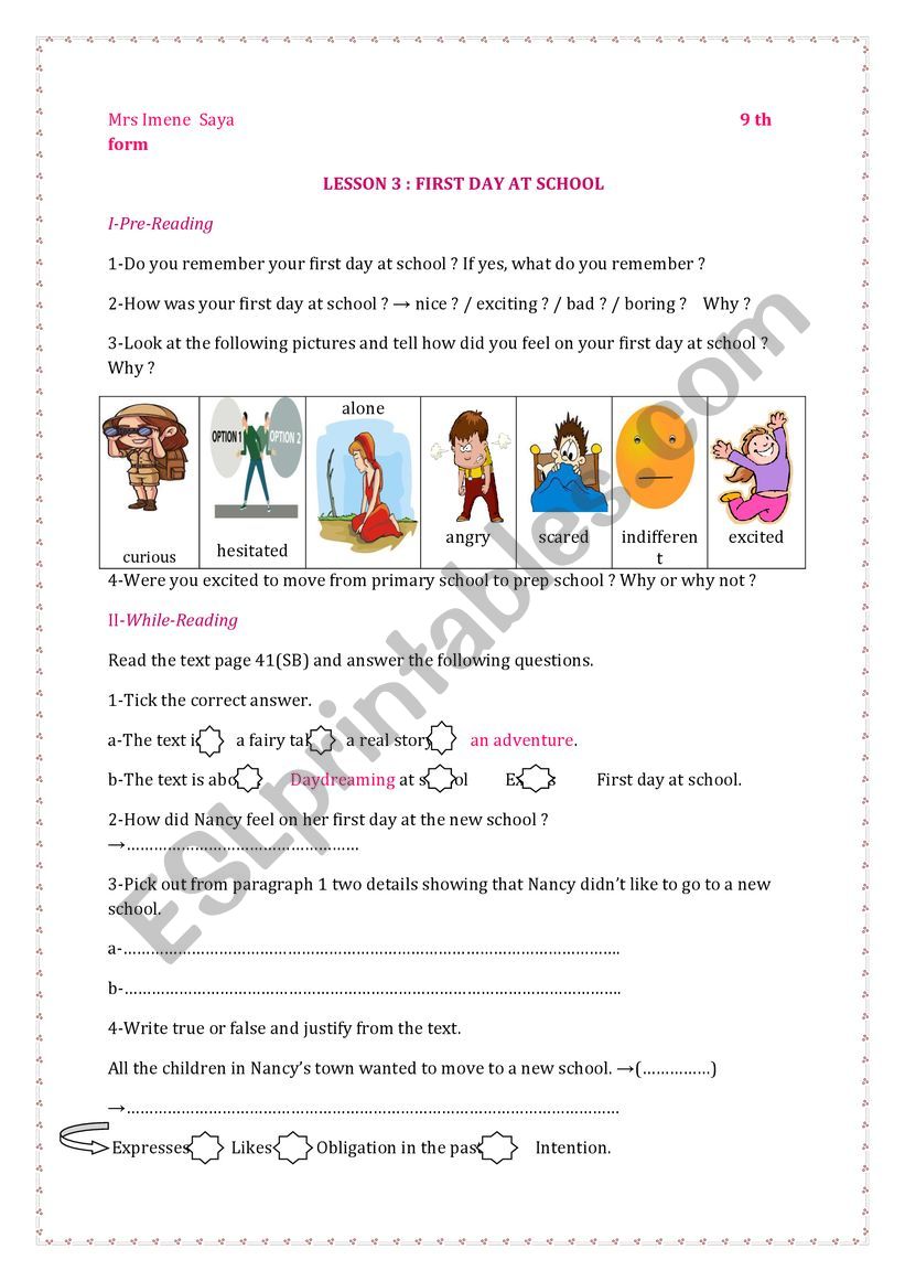 Module 2 Lesson 3 First day at school 9th form Tunisia