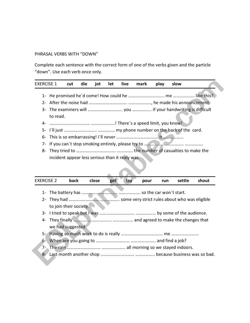 PHRASAL VERBS WITH DOWN worksheet