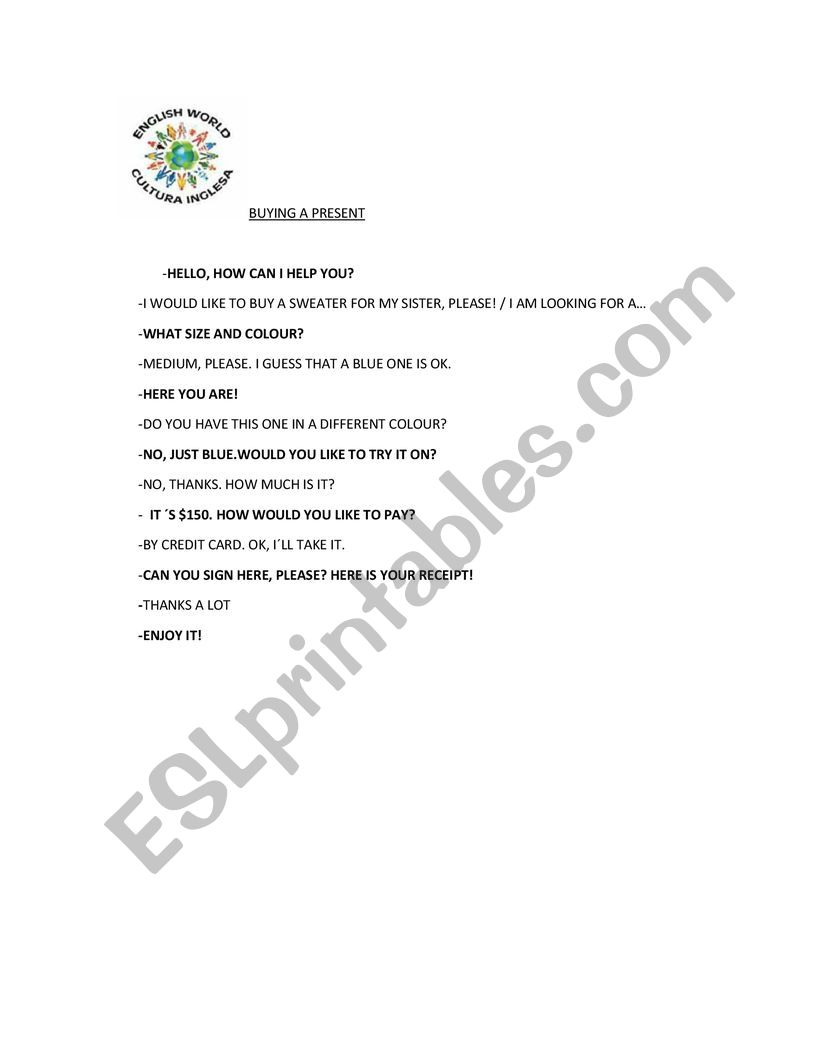 BUYING A PRESENT worksheet
