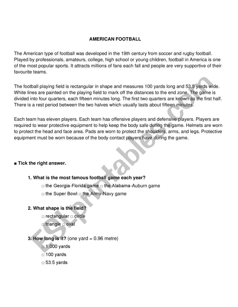 American football worksheet