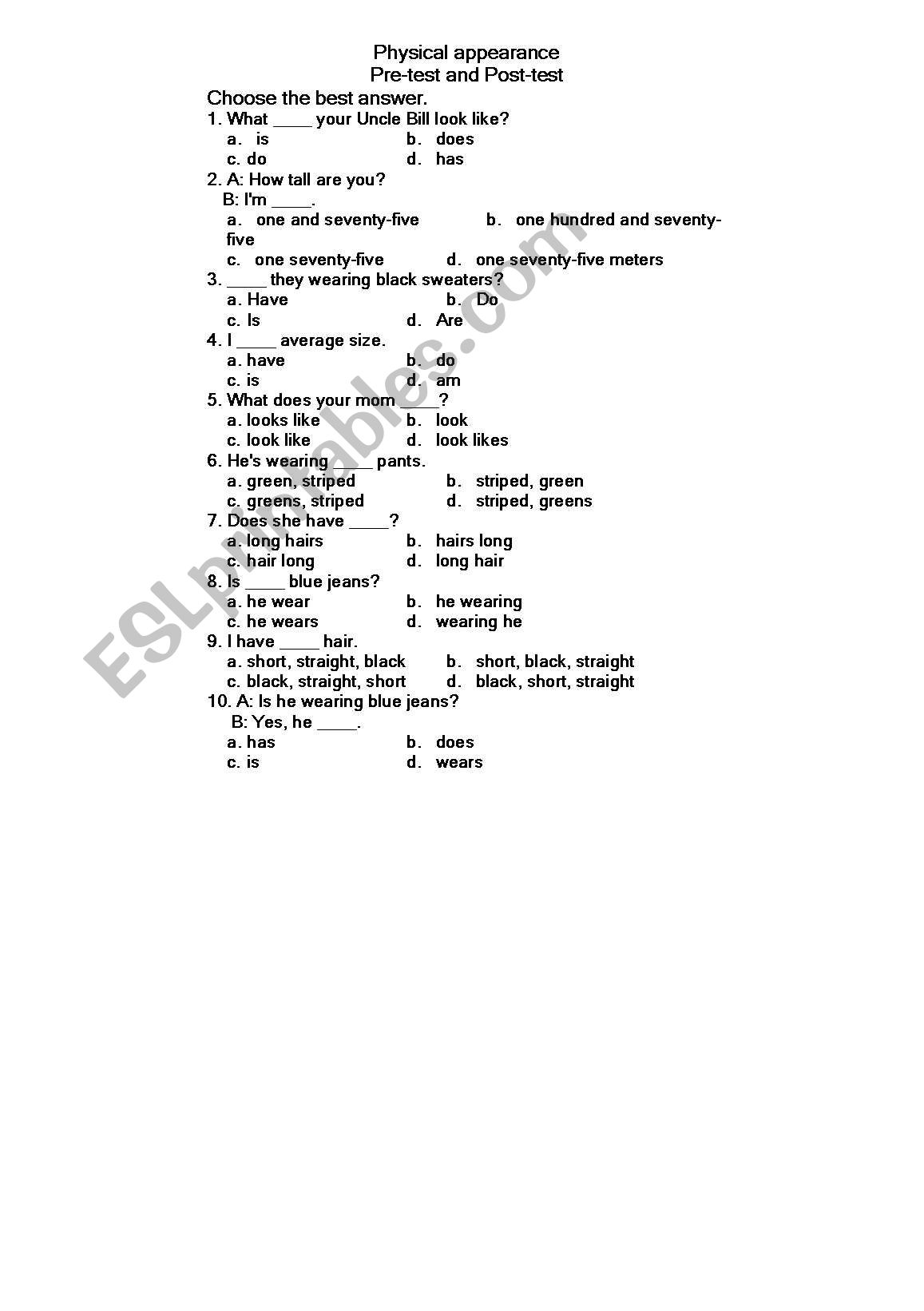 phisical appearance worksheet
