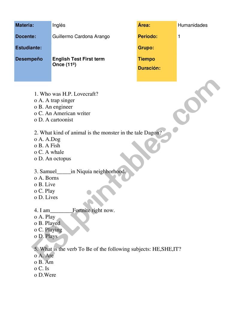English test - ESL worksheet by Antbebop