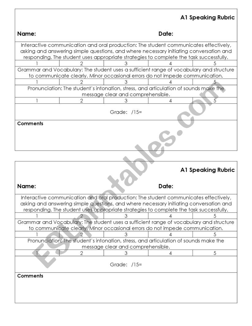 A1 SPEAKING RUBRIC worksheet