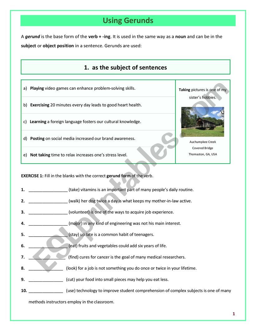 Using GERUNDS worksheet