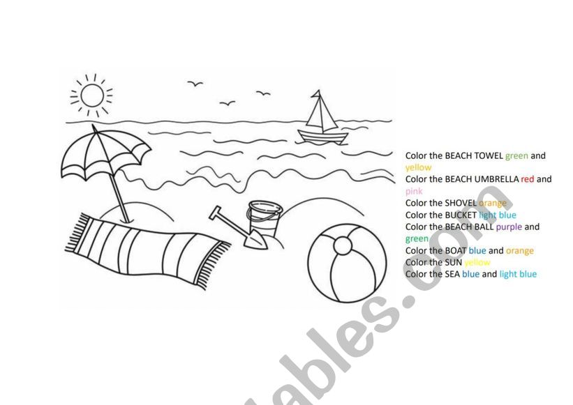 Beach -coloring page following directions-