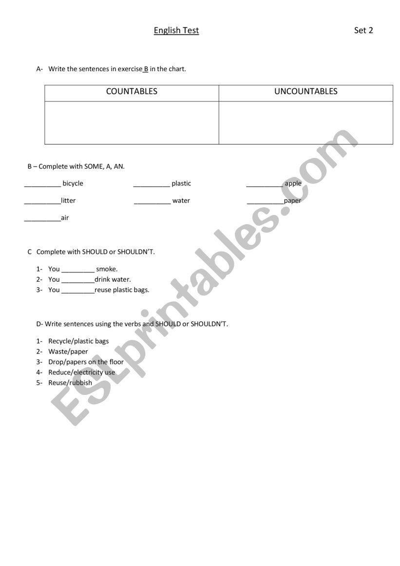 Test about recycling worksheet