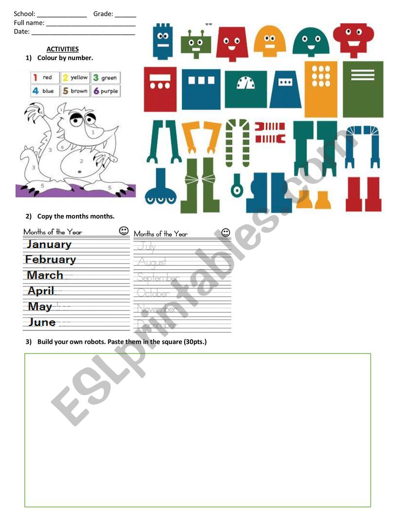 colours and months worksheet