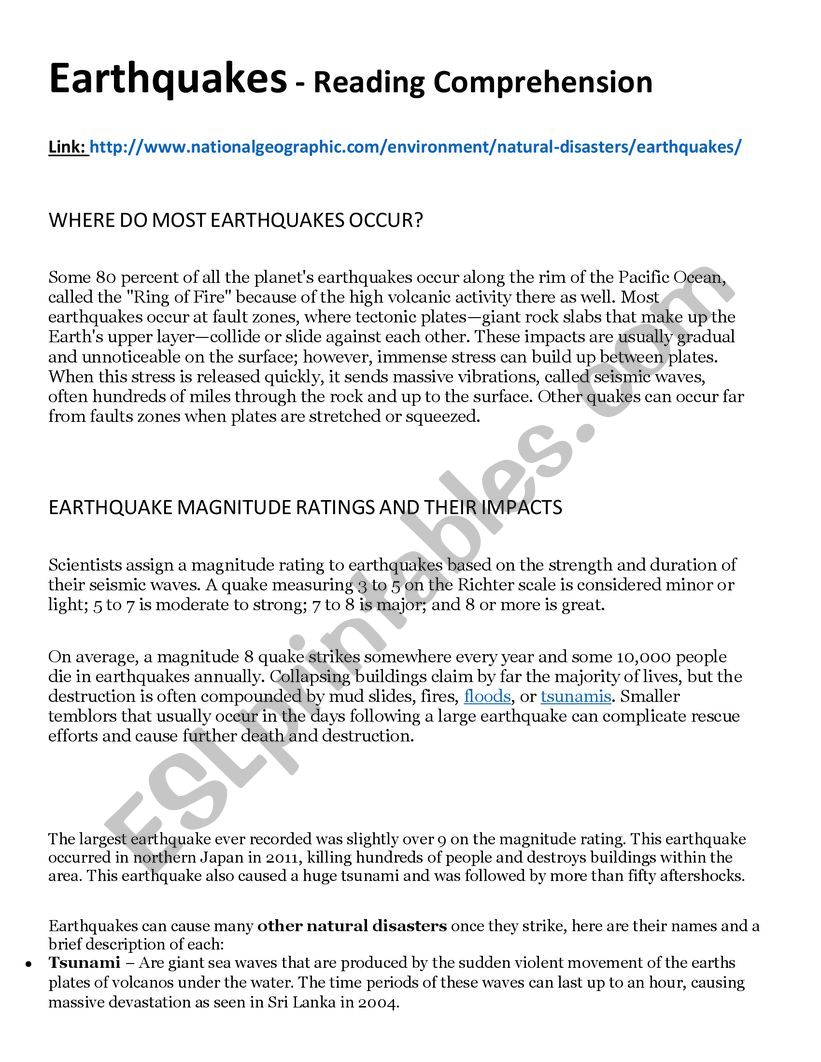 Earthquakes - National Geographic - Reading Comprehension