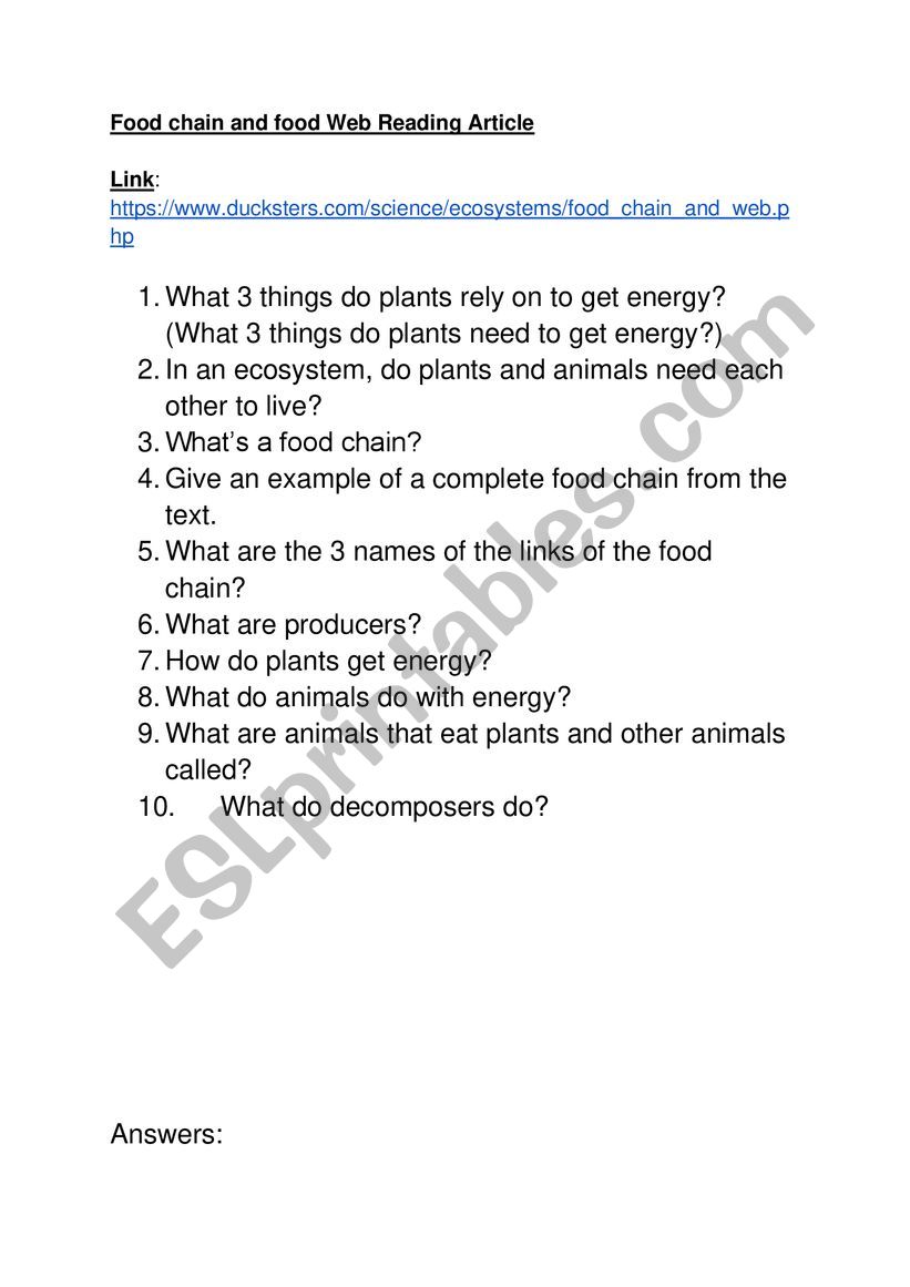 Food chain and food Web Reading Article