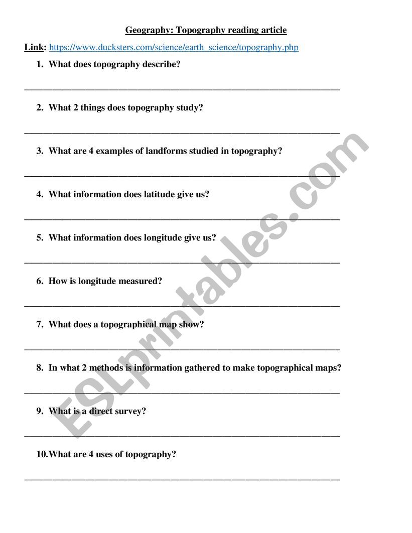 Geography - Topography reading article 