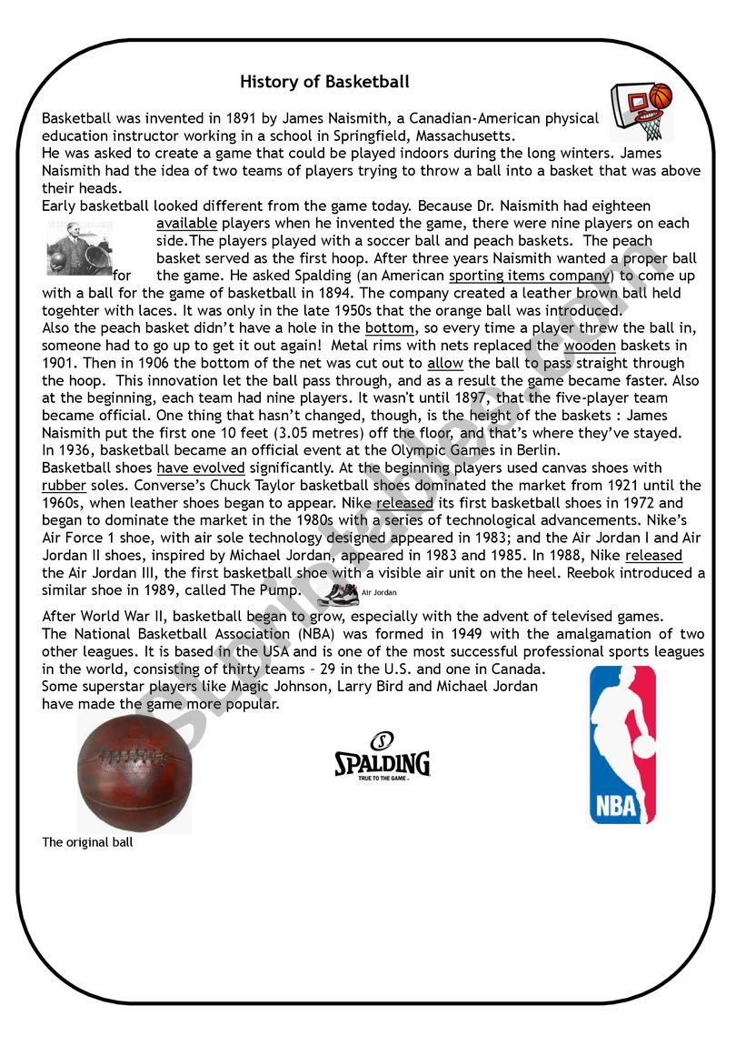 History of basketball worksheet