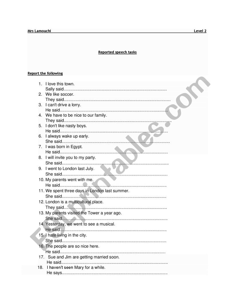 Reported speech worksheet