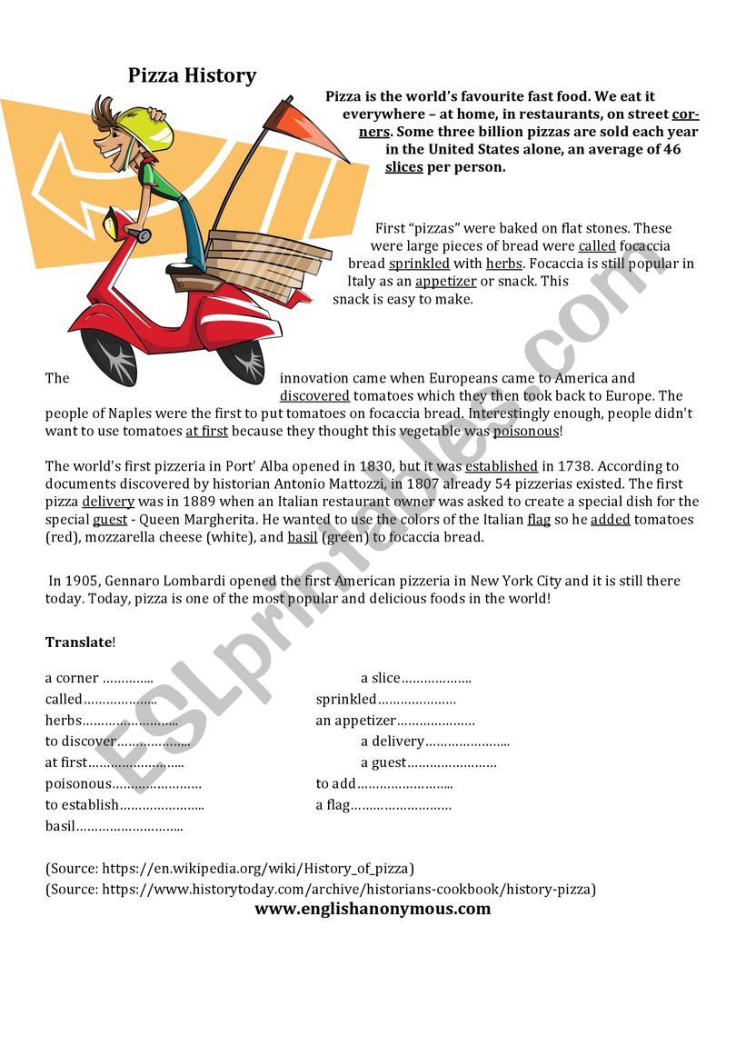 PIZZA reading worksheet